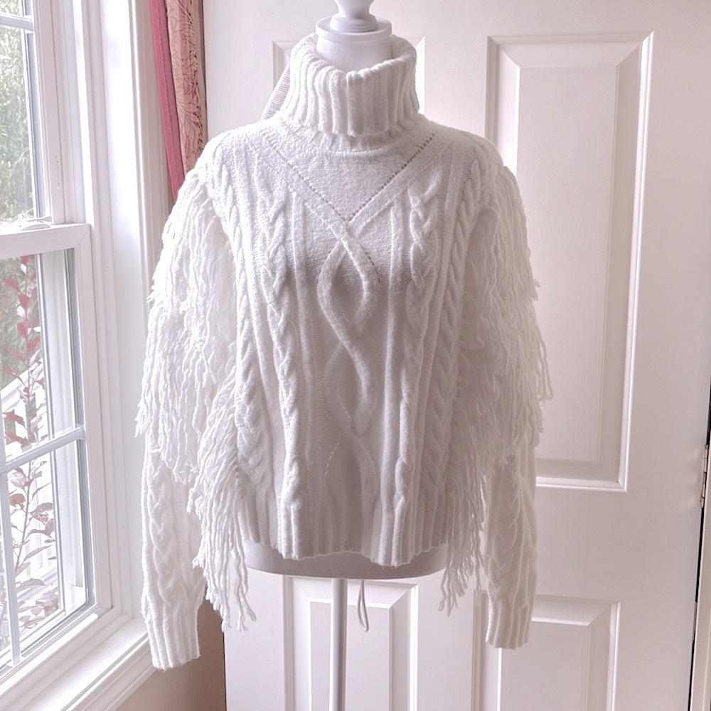 Ronny Kobo Maram Fringed Cable Knit Turtleneck Sweater White Size S NWT